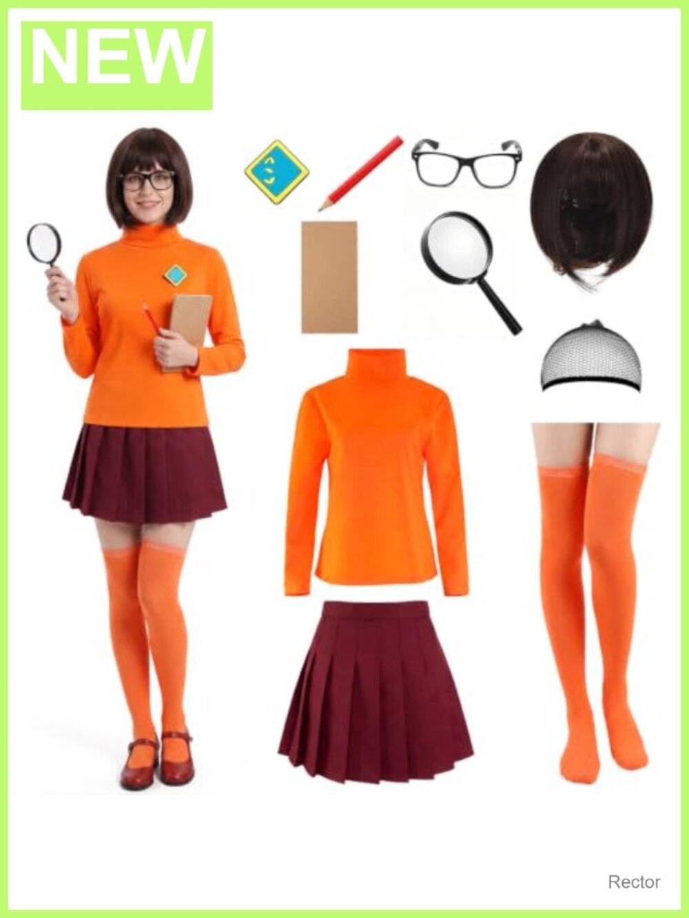 Adult Velma Costume Women Classic Halloween Outfit 9-Piece Set